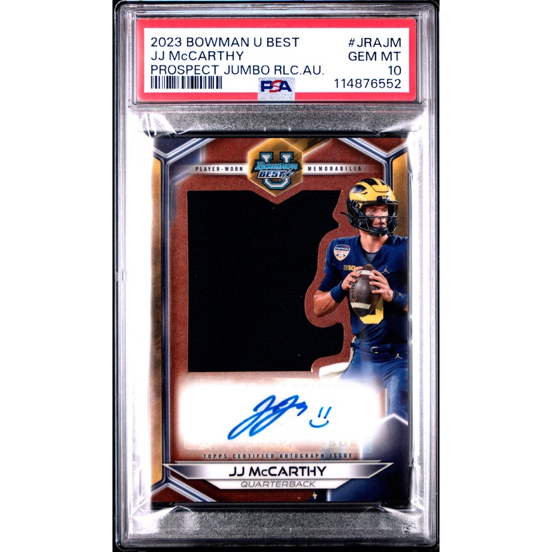 JJ McCARTHY | 2023 BOWMAN UNIVERSITY BEST PROSPECT JUMBO RELIC AUTOGRAPHS JRAJM | PROSPECT JUMBO RLC.AU. | PSA GEM MT 10