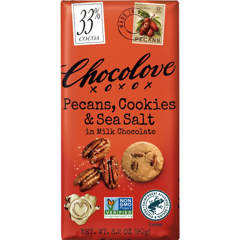 Chocolove Pecans, Cookies & Sea Salt in 33% Milk Chocolate 3.2oz Bar (SNG12)