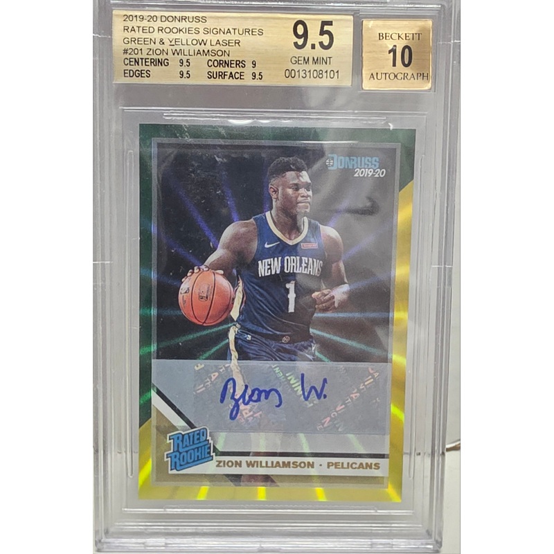 Zion Williamson 2019 Donruss Green Yellow Laser Press Proof Auto BGS 9.5 Gem Mint Auto 10