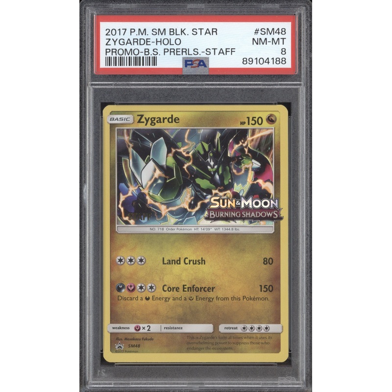 Zygarde 2017 Pokemon Sun & Moon SM48 Burning Shadows Prerelease Staff PSA 8