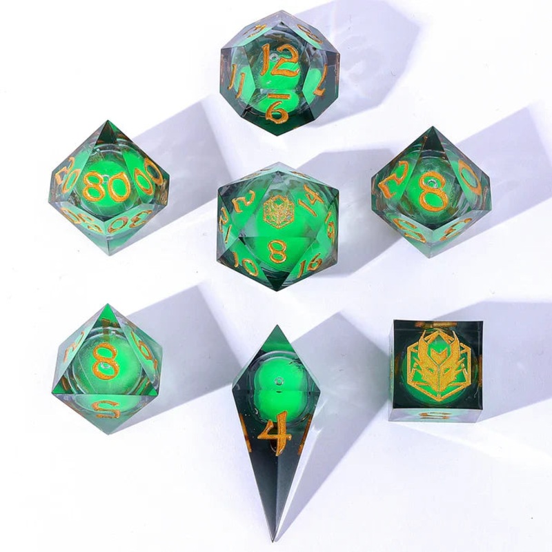 Wyrmforged Rollers-  Sharp Edge Liquid Core Dice Set – Glow in the Dark – Green