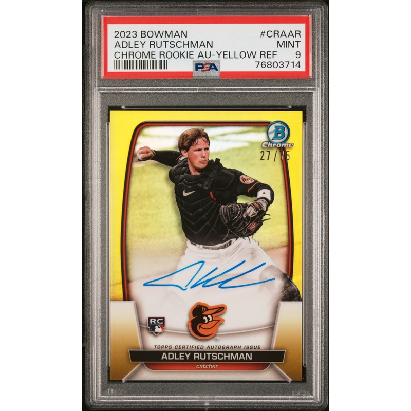 ADLEY RUTSCHMAN | 2023 BOWMAN CHROME ROOKIE AUTOGRAPHS CRAAR | CHROME ROOKIE AU-YELLOW REF | PSA MINT 9