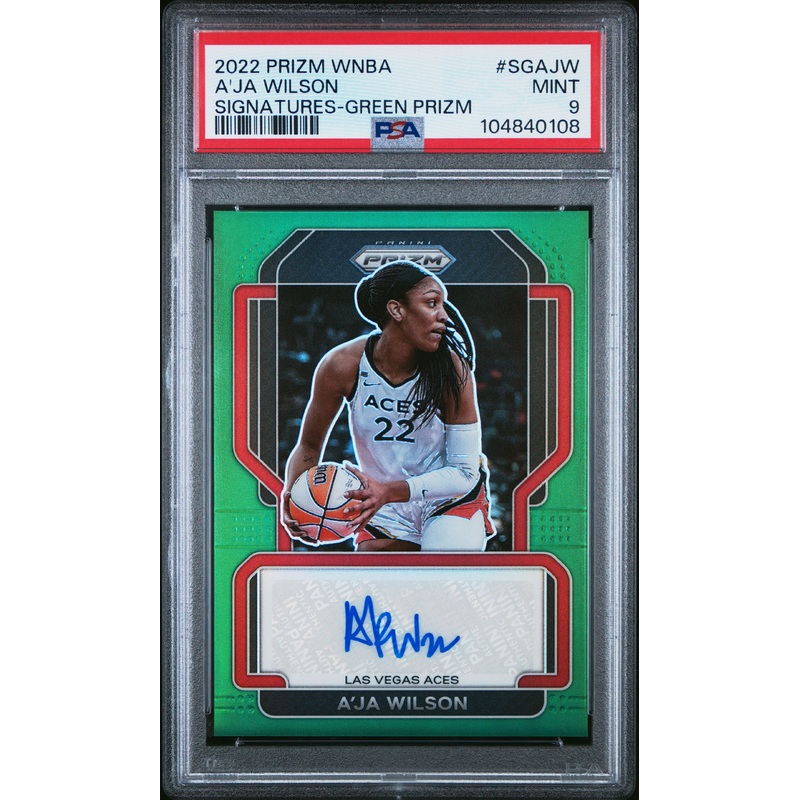 A’JA WILSON | 2022 PANINI PRIZM WNBA SIGNATURES SGAJW | SIGNATURES-GREEN PRIZM | PSA MINT 9