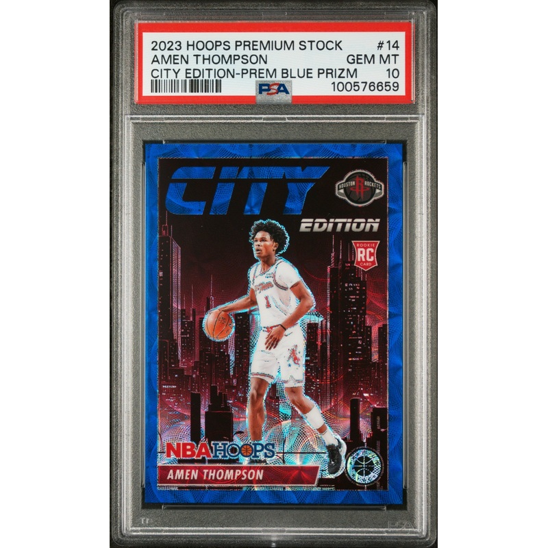AMEN THOMPSON | 2023 PANINI HOOPS PREMIUM STOCK CITY EDITION 14 | CITY EDITION-PREM BLUE PRIZM | PSA GEM MT 10